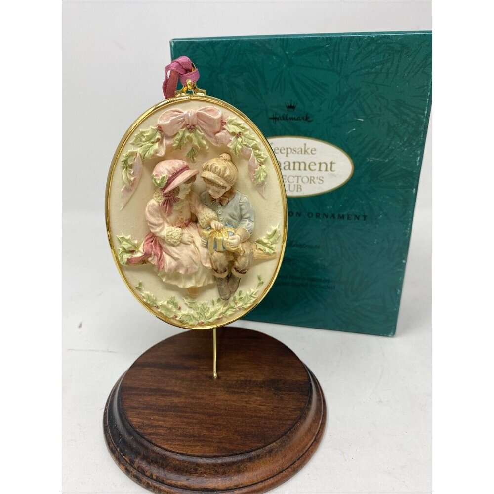Vintage 1983 Hallmark Collectors Club  Sharing Christmas Ornament With Stand